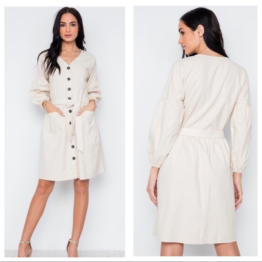 Cream 3/4 sleeve button down dress